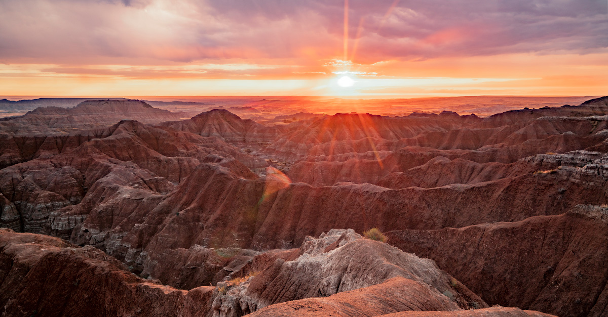 Badlands National Park in South Dakota at sunset